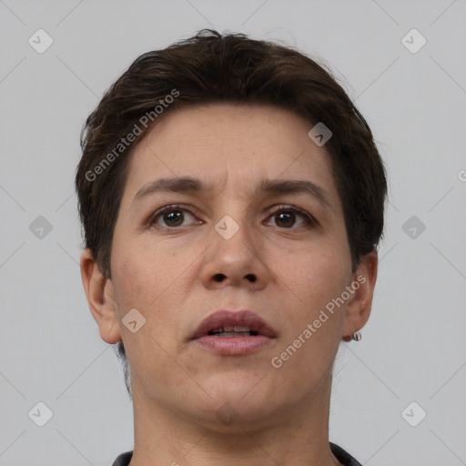 Neutral white adult female with short  brown hair and brown eyes