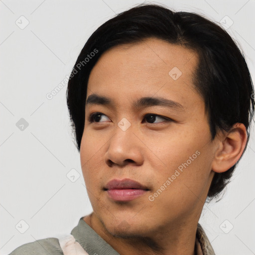 Neutral asian young-adult male with short  black hair and brown eyes