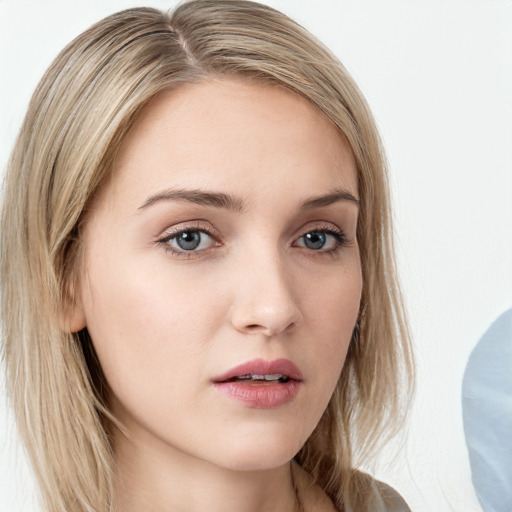 Neutral white young-adult female with medium  brown hair and blue eyes