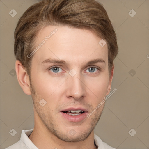 Neutral white young-adult male with short  brown hair and grey eyes