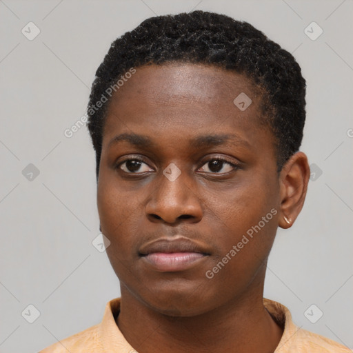 Neutral black young-adult female with short  black hair and brown eyes