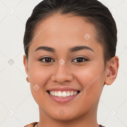 Joyful white young-adult female with short  brown hair and brown eyes