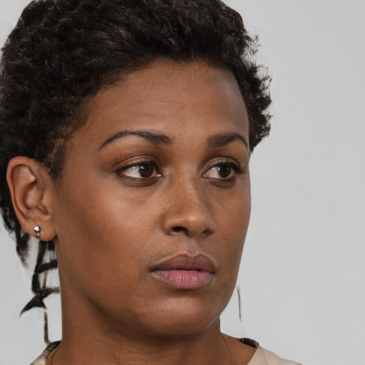 Neutral black young-adult female with short  brown hair and brown eyes