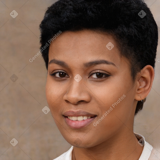 Joyful latino young-adult female with short  black hair and brown eyes