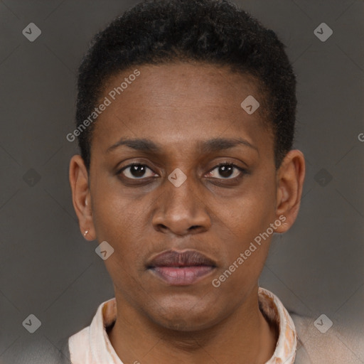 Neutral black young-adult female with short  brown hair and brown eyes