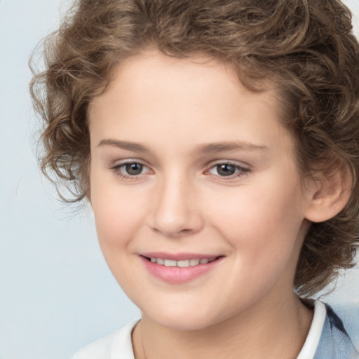 Joyful white child female with medium  brown hair and brown eyes