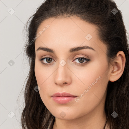 Neutral white young-adult female with long  brown hair and brown eyes