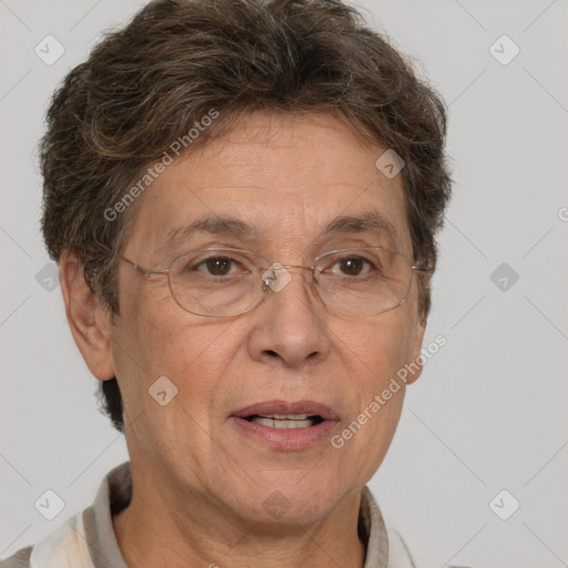 Joyful white middle-aged female with short  brown hair and brown eyes