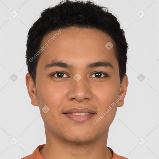 Joyful latino young-adult male with short  brown hair and brown eyes