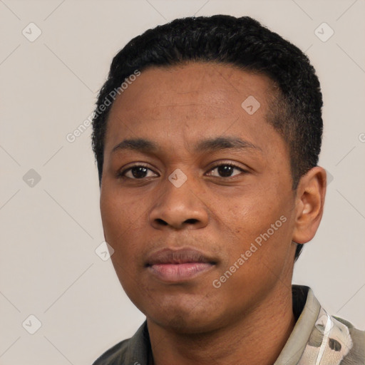 Neutral black young-adult male with short  black hair and brown eyes