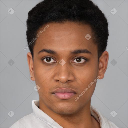 Neutral black young-adult male with short  black hair and brown eyes