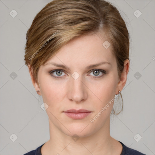 Neutral white young-adult female with medium  brown hair and grey eyes