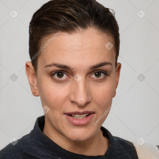 Joyful white young-adult female with short  brown hair and brown eyes