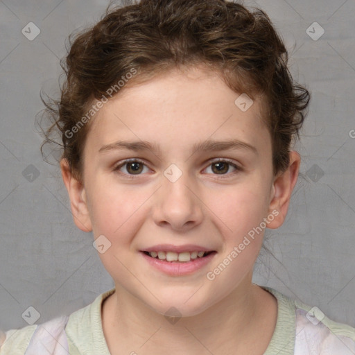 Joyful white child female with short  brown hair and brown eyes