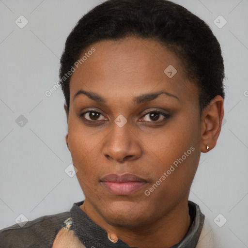 Neutral black young-adult female with short  black hair and brown eyes