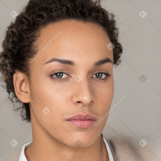 Neutral white young-adult female with short  brown hair and brown eyes