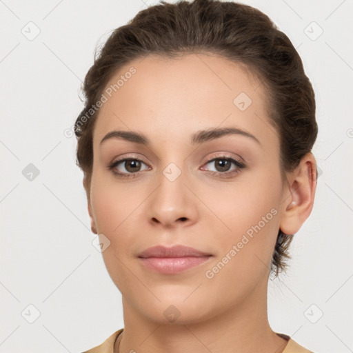 Neutral white young-adult female with short  brown hair and brown eyes