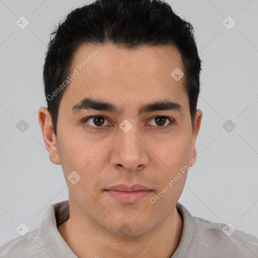 Neutral latino young-adult male with short  black hair and brown eyes