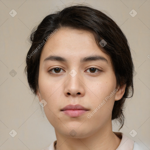 Neutral white young-adult female with medium  brown hair and brown eyes