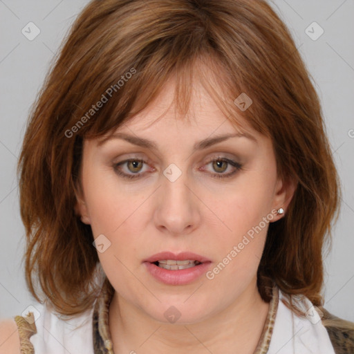 Neutral white young-adult female with medium  brown hair and brown eyes