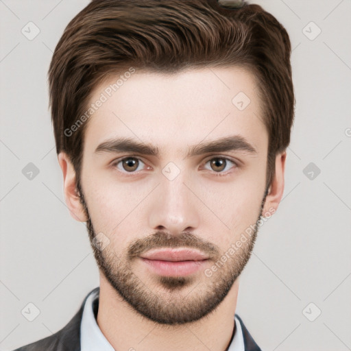 Neutral white young-adult male with short  brown hair and brown eyes