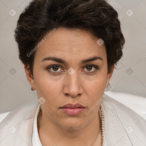 Neutral white young-adult female with short  brown hair and brown eyes