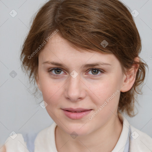 Joyful white young-adult female with medium  brown hair and blue eyes