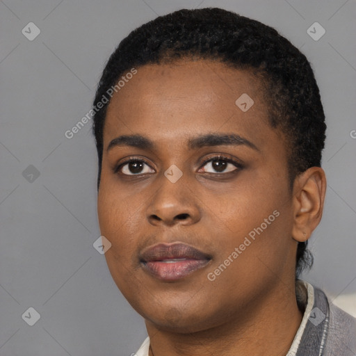 Neutral black young-adult female with short  black hair and brown eyes