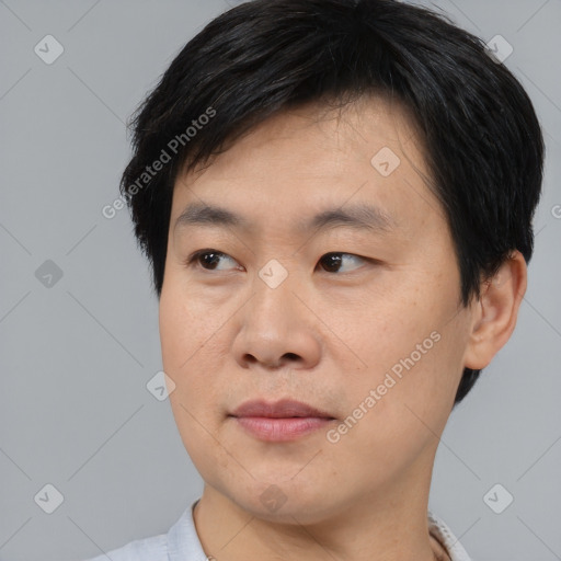 Neutral asian young-adult male with short  black hair and brown eyes