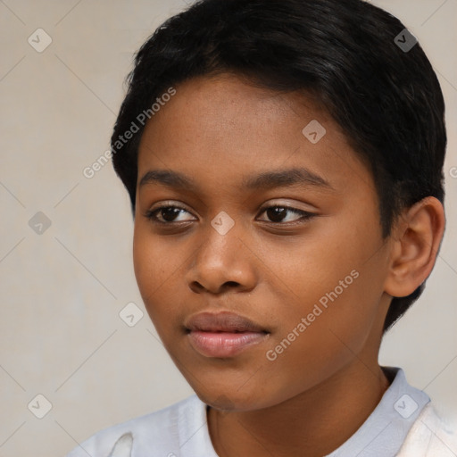 Neutral black young-adult female with short  black hair and brown eyes