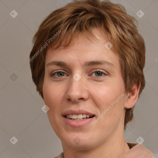 Joyful white young-adult female with medium  brown hair and green eyes