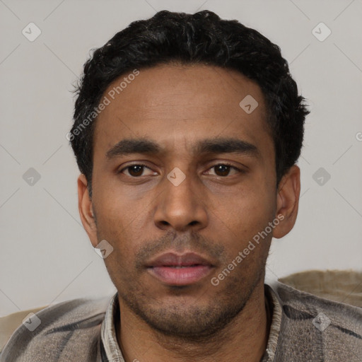 Neutral latino young-adult male with short  black hair and brown eyes
