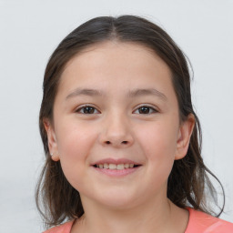 Joyful white child female with medium  brown hair and brown eyes