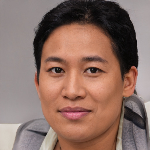 Joyful asian young-adult female with short  brown hair and brown eyes