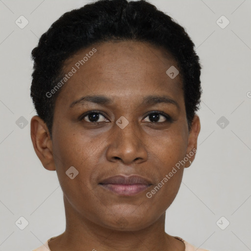 Neutral black young-adult female with short  brown hair and brown eyes