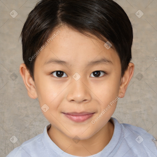 Joyful white child female with short  brown hair and brown eyes