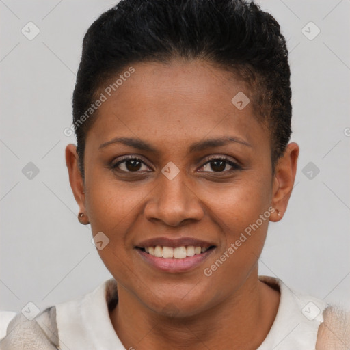 Joyful latino young-adult female with short  brown hair and brown eyes