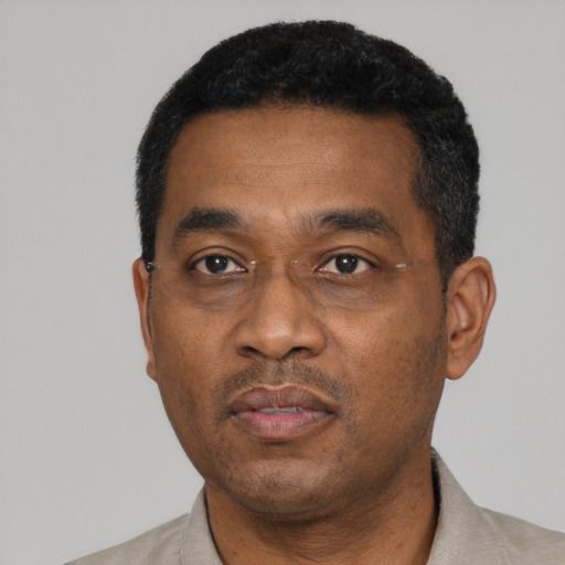 Neutral black adult male with short  black hair and brown eyes