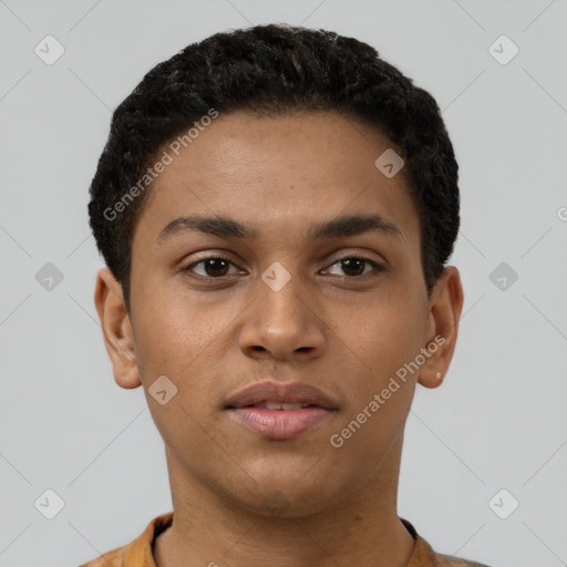 Neutral latino young-adult male with short  brown hair and brown eyes