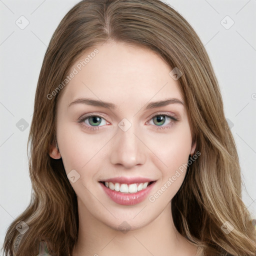 Joyful white young-adult female with long  brown hair and green eyes