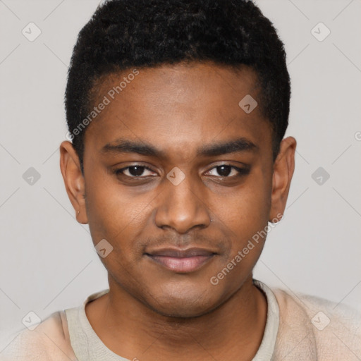 Joyful black young-adult male with short  black hair and brown eyes