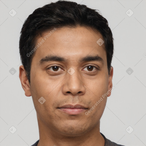 Neutral asian young-adult male with short  brown hair and brown eyes