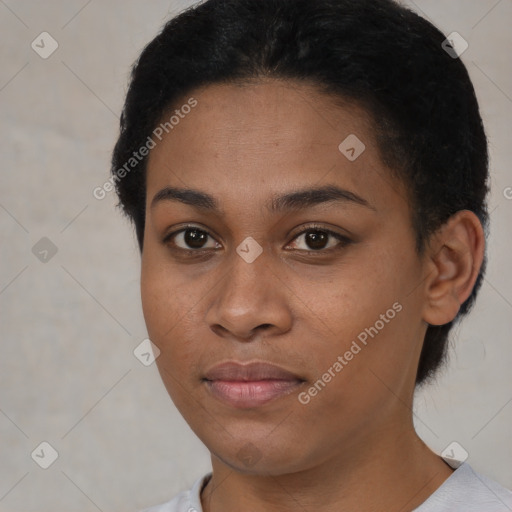 Neutral latino young-adult female with short  black hair and brown eyes