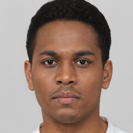 Neutral black young-adult male with short  black hair and brown eyes