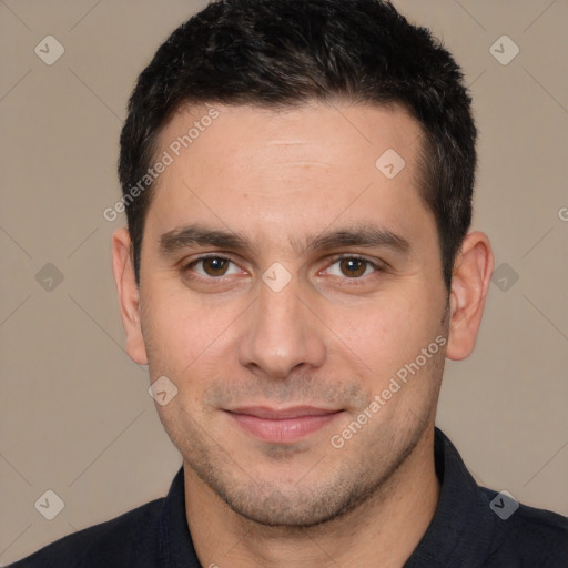 Joyful white young-adult male with short  brown hair and brown eyes