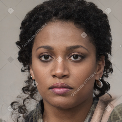 Neutral black young-adult female with medium  black hair and brown eyes