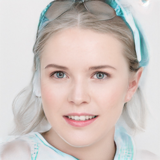 Joyful white young-adult female with medium  brown hair and blue eyes