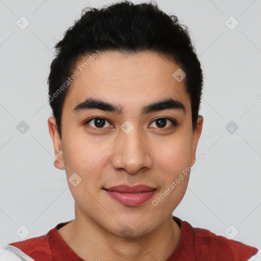 Joyful latino young-adult male with short  black hair and brown eyes