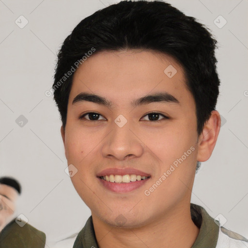 Joyful asian young-adult male with short  black hair and brown eyes