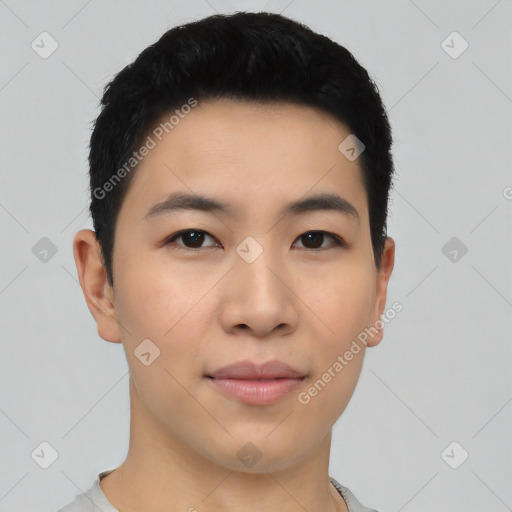 Neutral asian young-adult male with short  black hair and brown eyes